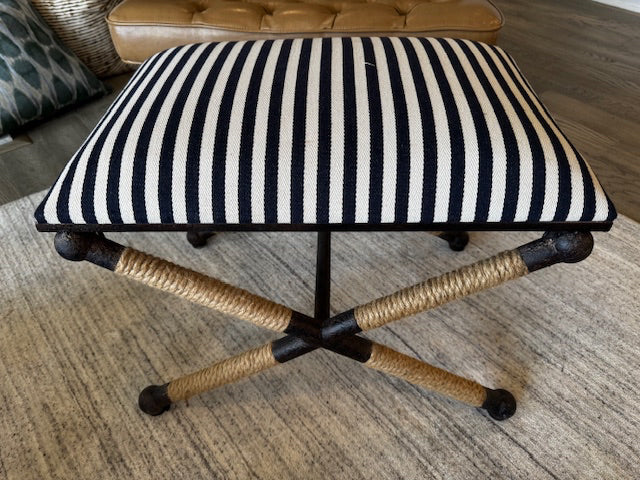 Uttermost, Braddock Rustic Iron Frame small bench, 24x17x17, striped navy, jute