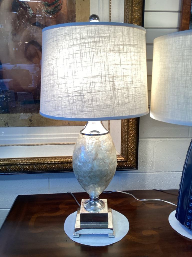 Pair of Mother of Pearl Shell Table Lamps w/ Raw Linen Shades 33"H
