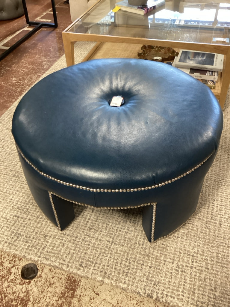 Navy Blue Leather Ottoman 32x17