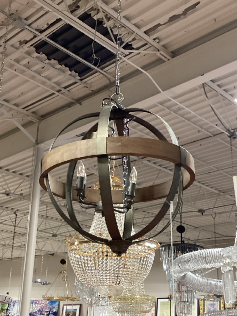 Industrial Orb-Style 6 Light -Meta Bands with Wood Outer Ring 27" W X 34"H