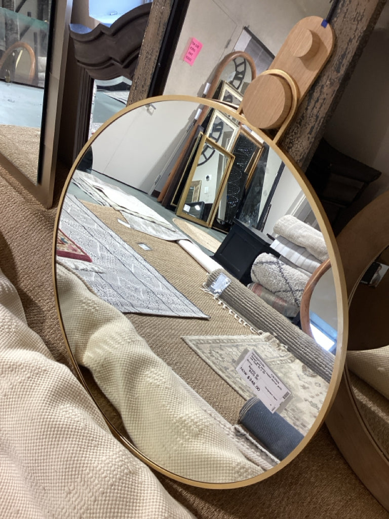 Renwil gold metal round mirror with oak knob 40 x 49