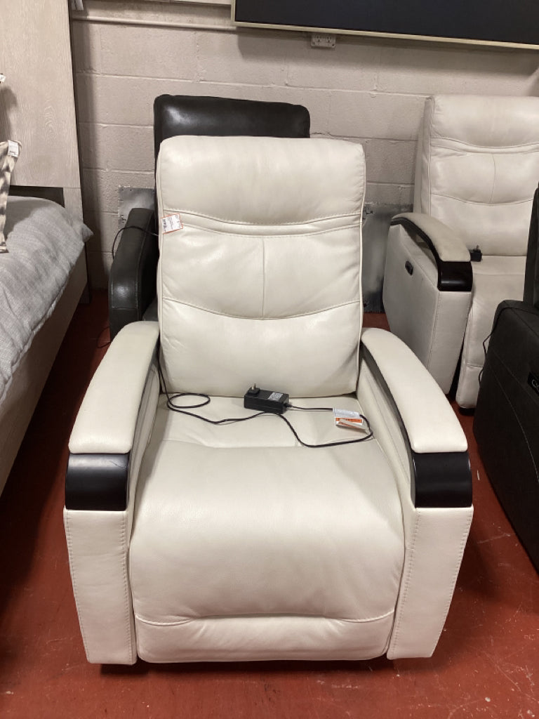 Cream Leather Upholstered Recliner Power