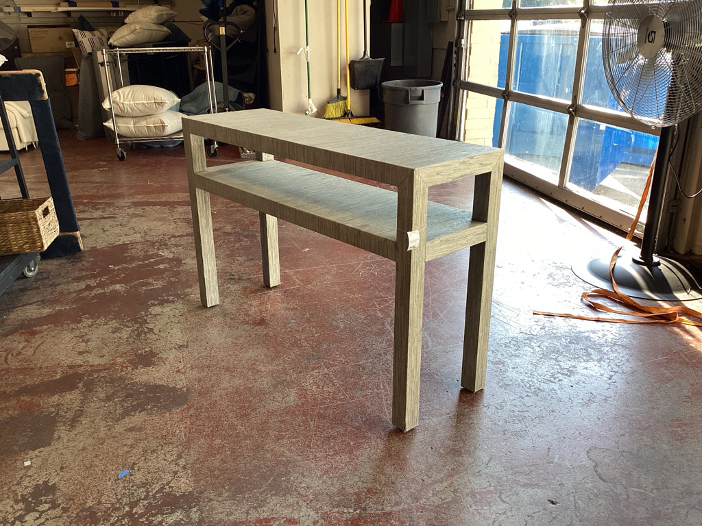 Console / grasscloth wrapped console table with shelf 52 x 16 x 34 high AS Found