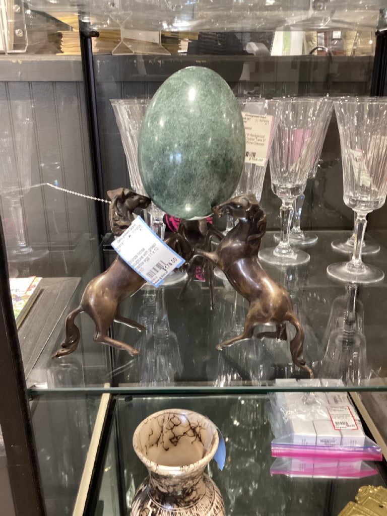 Bronze horse sculpture with green marble egg 11 x 10 x10