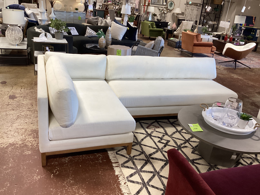 Sectional / cream 2 piece sofa & chaise / wood base AS FOUND