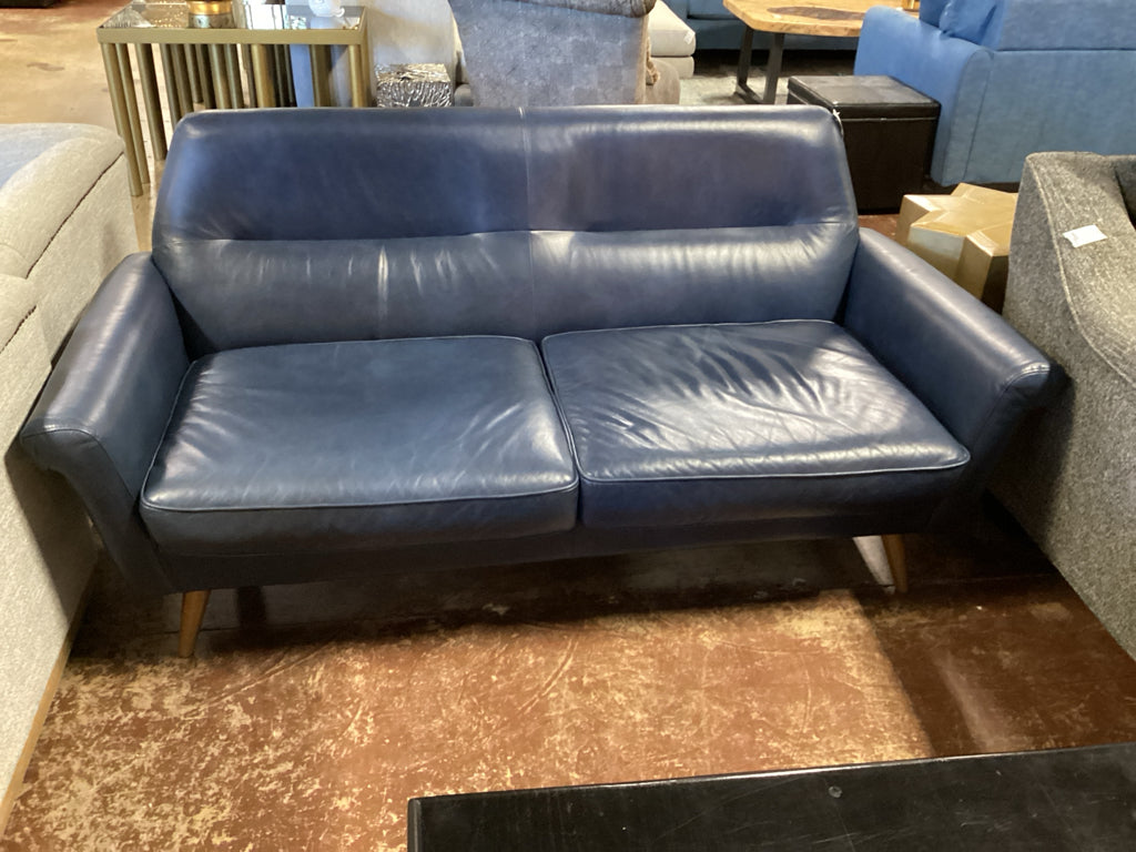 West Elm Loveseat / Denmark navy leather  2 seater / 66 x 32 x 32