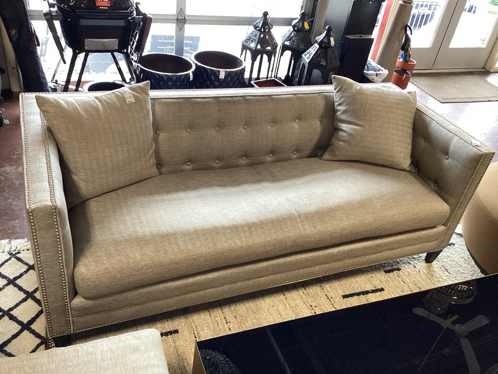 Sofa/ designerTuxedo style beige tufted sofa w/ nail head trim 83 x 33 x 31 high