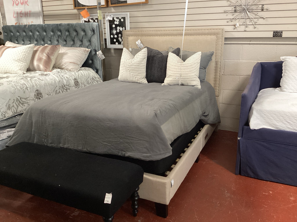FULL Bed Upholstered Khaki with Nailhead Trim, HBFB Rails