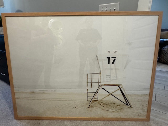 Lifeguard stand on beach photo print; natural oak frame; 56x42