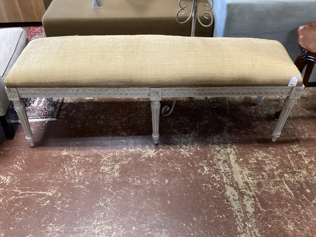 French Country Burlap Bench / 59 x 16 x 19.5