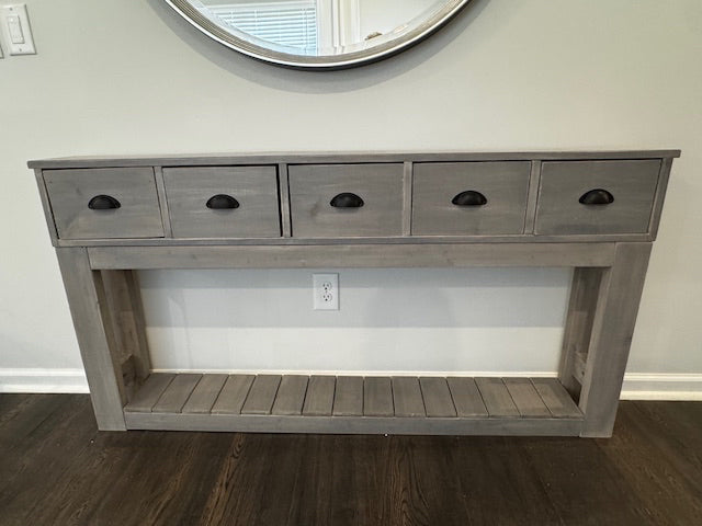 Grey 5 drawer console table; 60x7x31