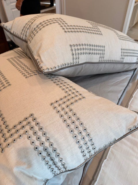 Eastern Accents King White Linen, Grey Leather Trim Comforter and 2 Pillows