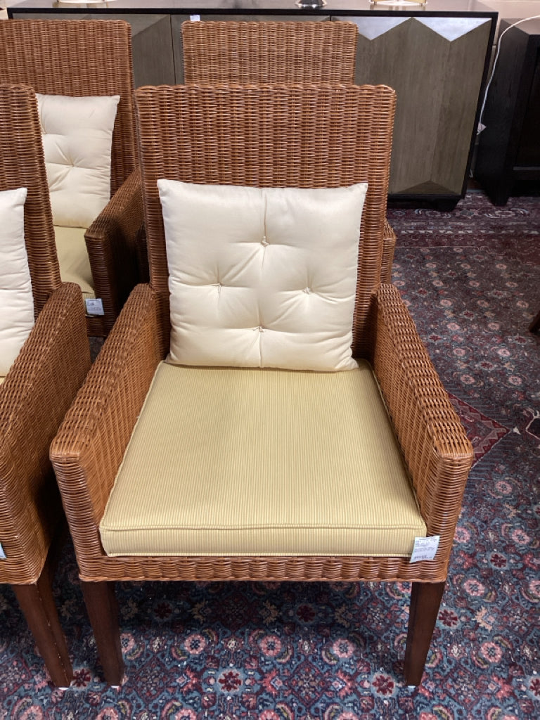 Pair of Ethan Allen' Shiloh' Wicker Arm Chairs with Fabric  Seat Cushion