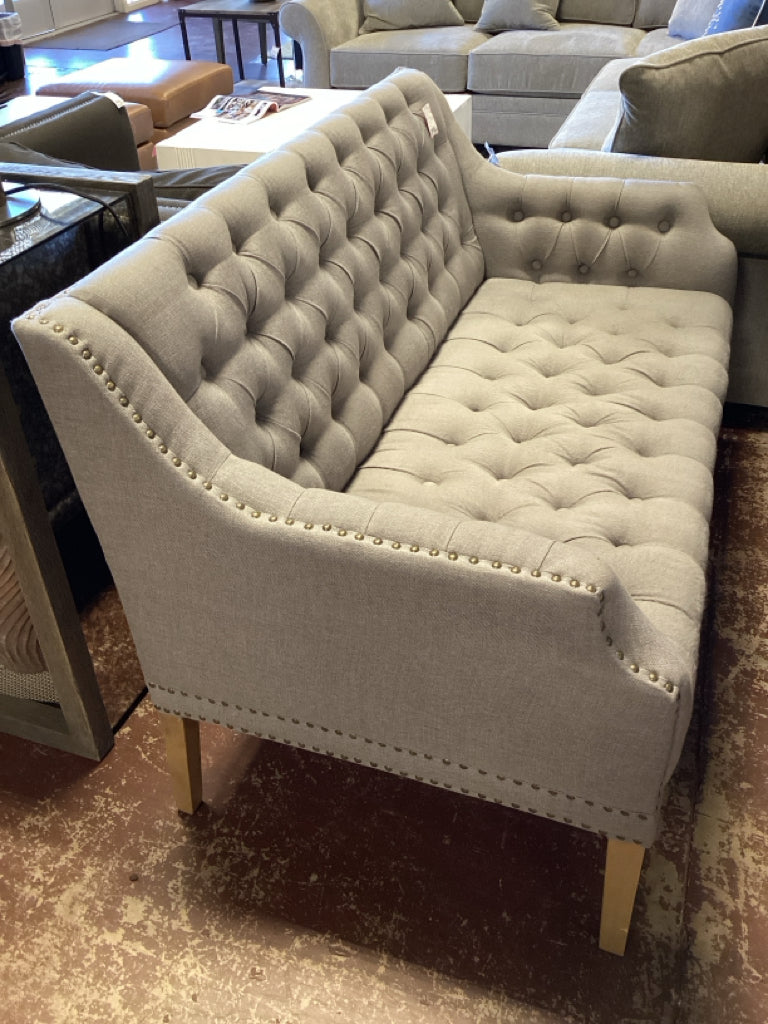 Settee / Lavender linen button tufted 54 x 30 x 35 high AS FOUND