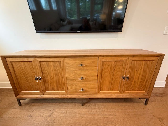 Mid Century Modern 3 drawer 4 Door Credenza with Acrylic Hardware  84x18x34