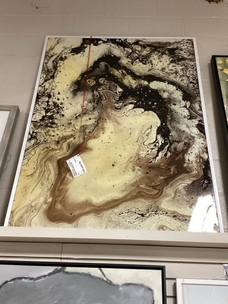 White Framed Abstract Fluid Acrylic PourBlk/Cream Painting 40x60
