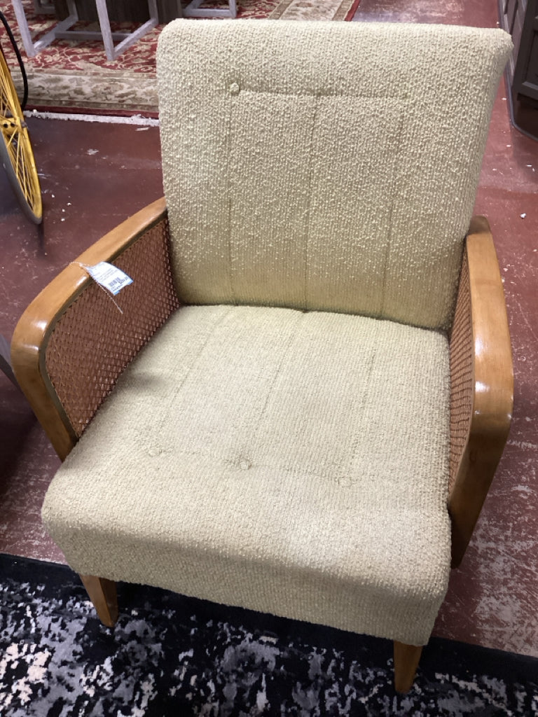 Mid century modern Chair/ upholstered curved arm cane side