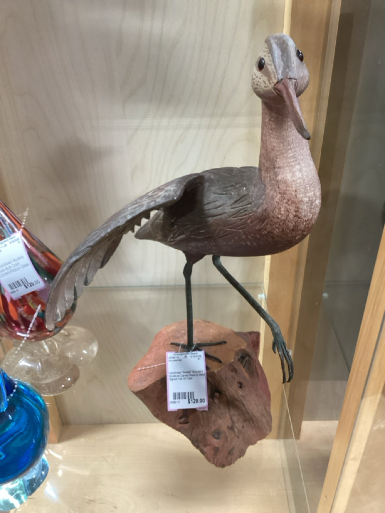 Handmade "Godwit" Shorebird Sculpture Carved Wood & Metal Signed Folk Art Deor