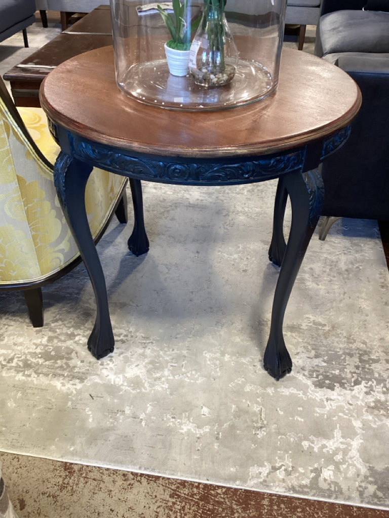 Walnut Vintage Occasional Table / black, walnut top / 30" round 30.5" high