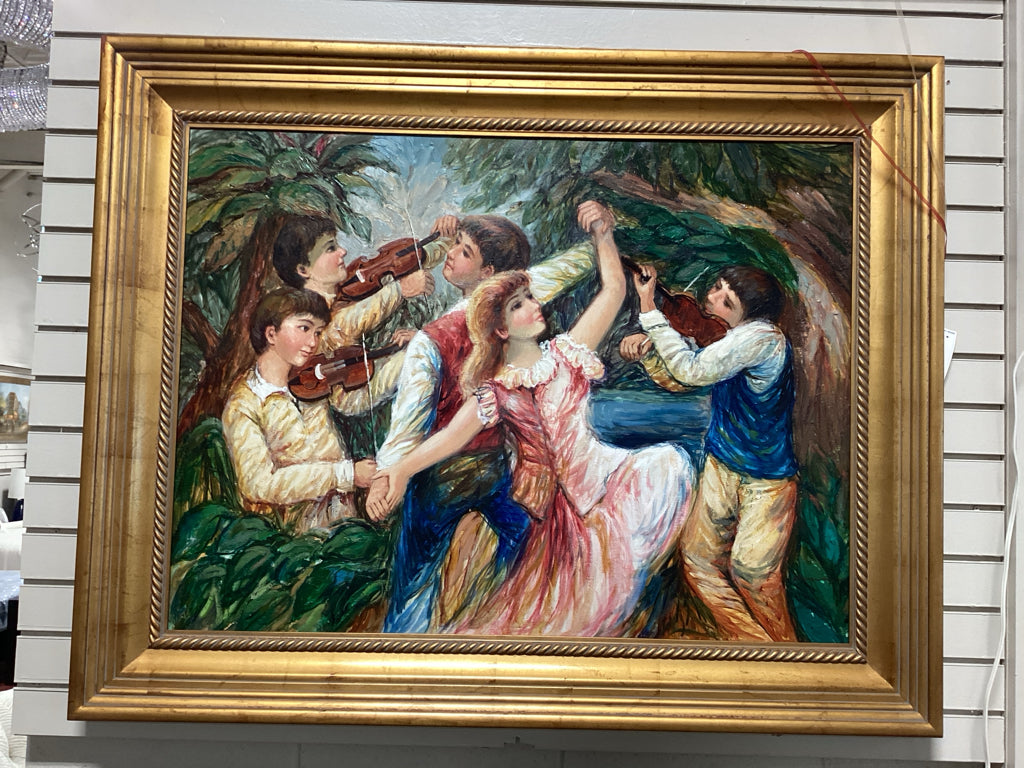 48x40 Hand Painted Oil Signed Musicians and Dancers in Custom Style Gold Frame