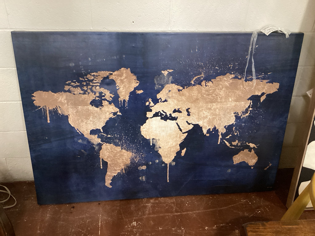 "Mapamundi" Navy Gold Metallic World Splash Modern Blue 40" x 60"
