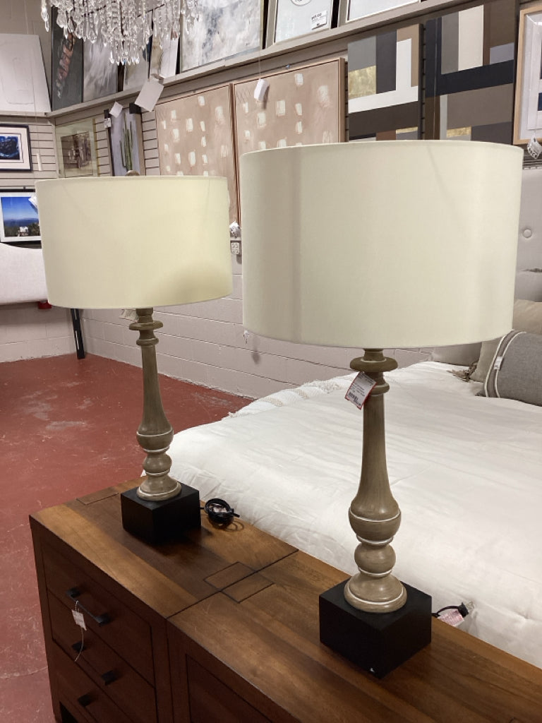 PAIR distressed natural candlestick lamps / cream shade 36" high