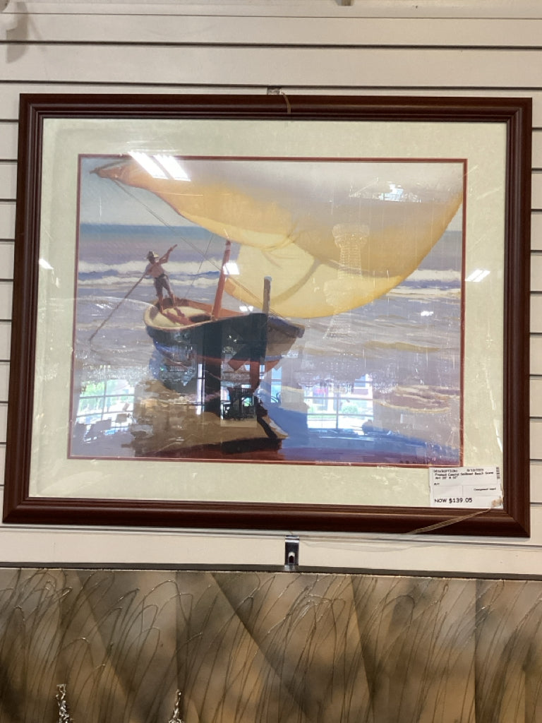 Framed Coastal Sailboat Beach Scene Art 38" X 32"