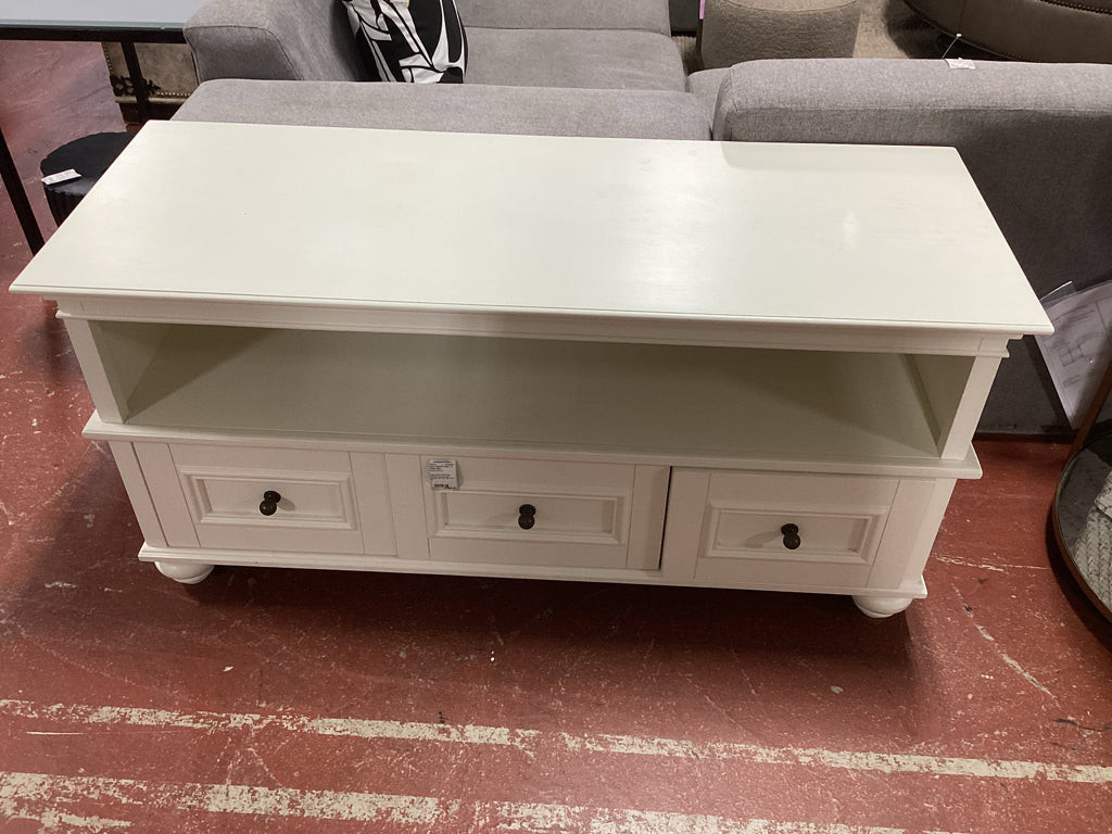 Pottery Barn White Media Console 3 Drawer-Open Storage -Bun Feet 19" X 59" X 25"