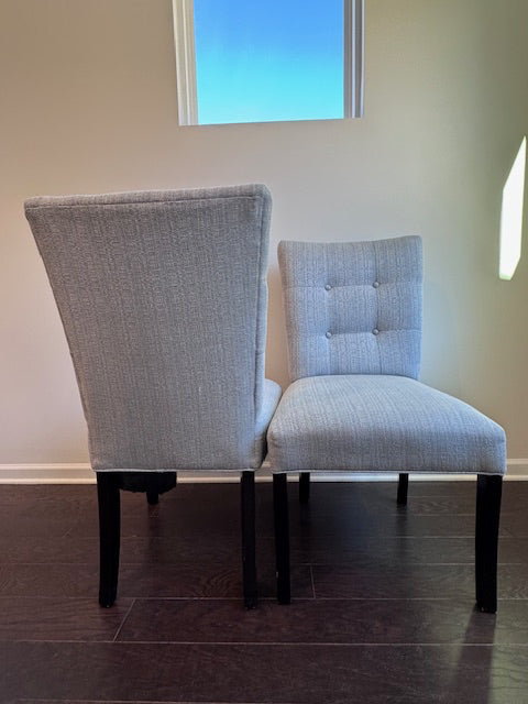 Set of 4 Upholstered dining chair, tufted, pale blue/ivory with cherry legs