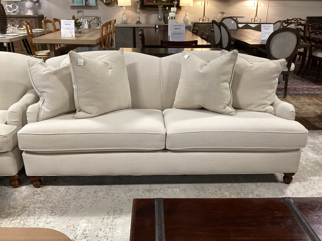 Haverty's Fabric Off White Sofa with Rolled Arms, Turned Wood Feet -4 Accent Pil