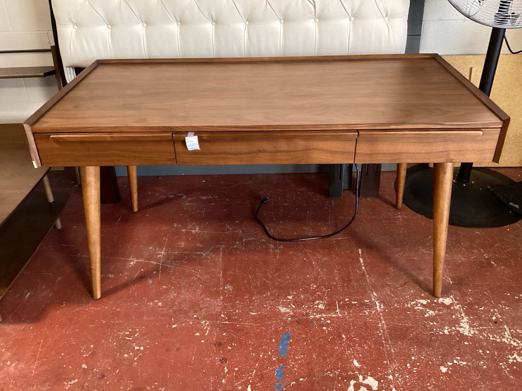 Crate & Barrel Walnut-Tone Mid-Century Modern Desk with Tapered Legs 60"W x 30"