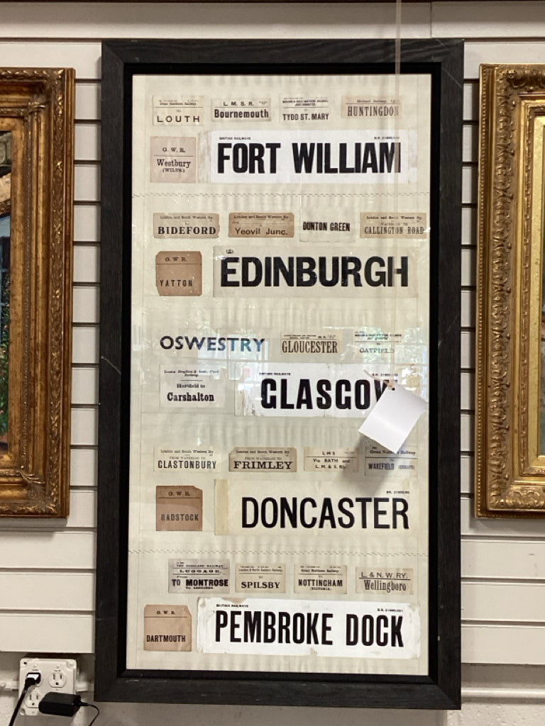 Framed Collage of Antique British Railway Baggage Labels 26" X 47.5"