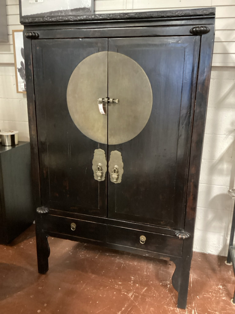 Chinese  Wedding Cabinet / antique black w/ brass scutcheon 42 x 25 x 68