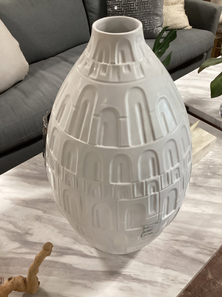 White Matte Ceramic Vase with Narrow Neck, Recessed Arches  10x10x23" H
