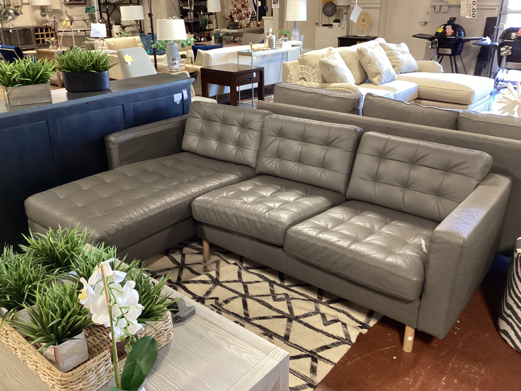 Grey Leather Tufted Sectional