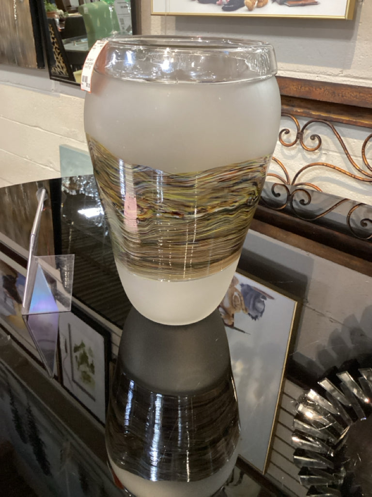 Frosted Glass Art vase with gold band / 9" round 15" high