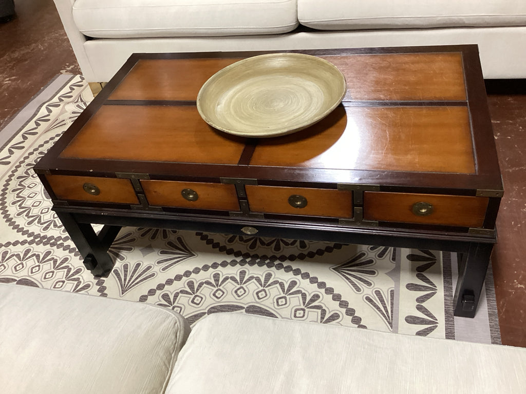 Eight Drawer Military Campaign Coffee Table in Honey 44.25" x 27" x 17.75"