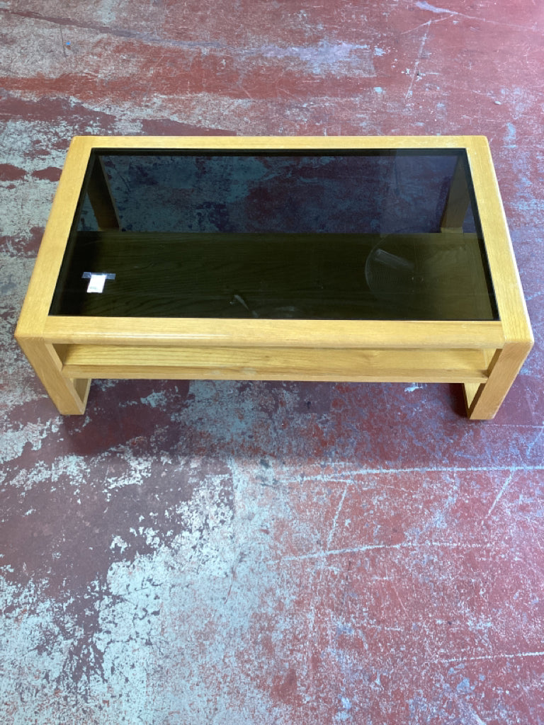 Glass Top Oak 2 Tier Coffee Table 51" X 31" X 16"
