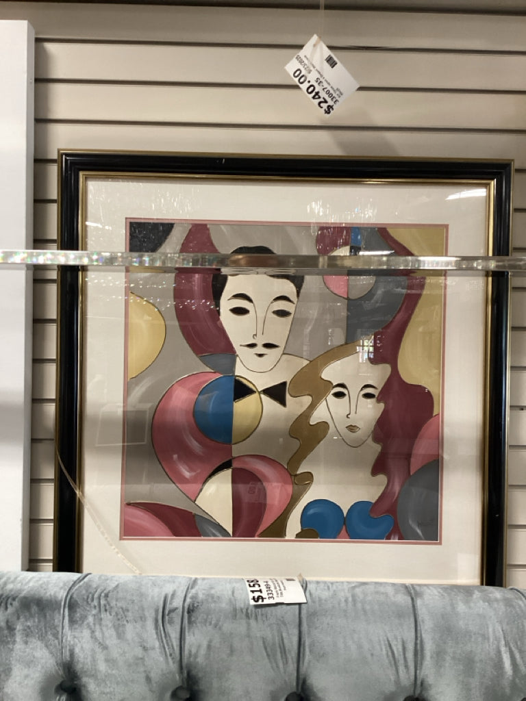 Frank Walcutt Art, Mustache Man & Woman, Blk/Gold Frame 33x35