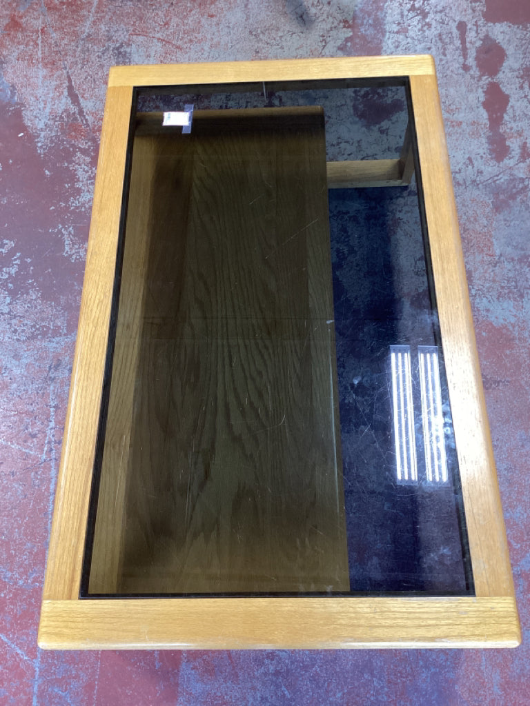 Glass Top Oak 2 Tier Coffee Table 51" X 31" X 16"