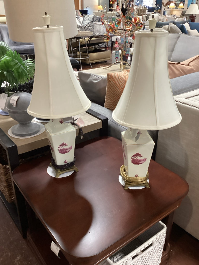 Vintage rasberry toile porcelain lamps with flared hade  PAIR