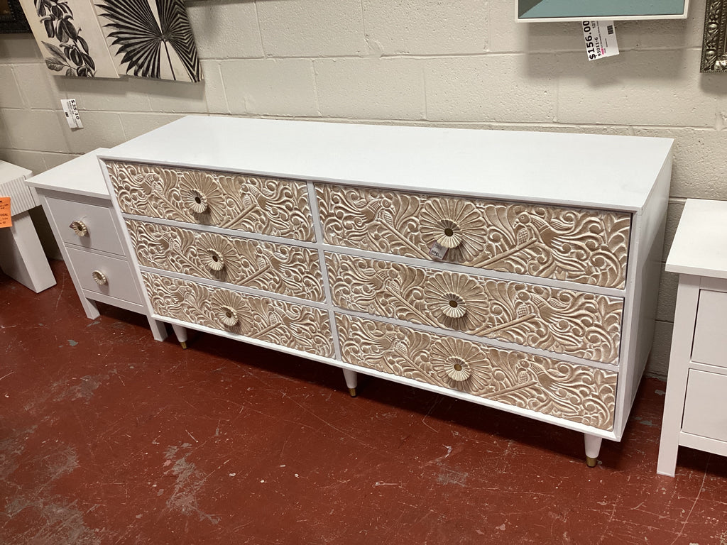 Anthropologie Dresser / white / carved wood drawers 68 x 18 x 33  hgih