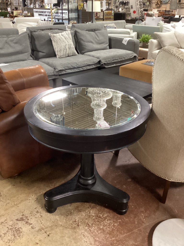 Arhaus Ebony & mirror Pedestal Side Table 30" round 30" high
