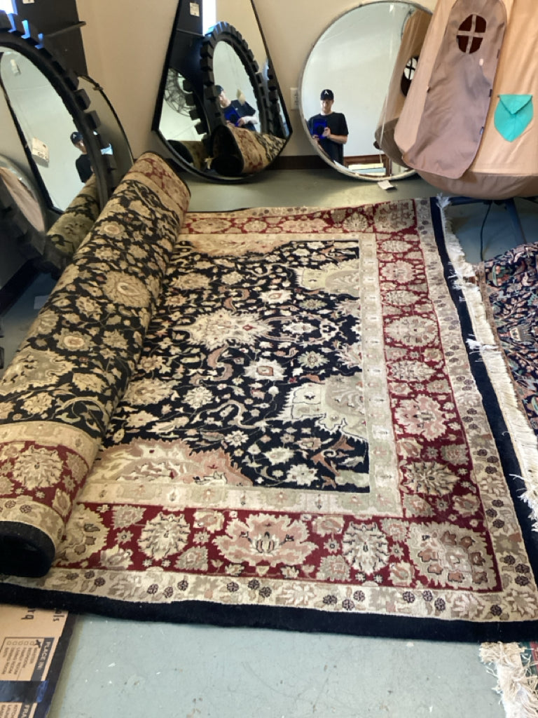 Hand Woven Wool Rug Black and Burgandy with Cream Fringe 8x12