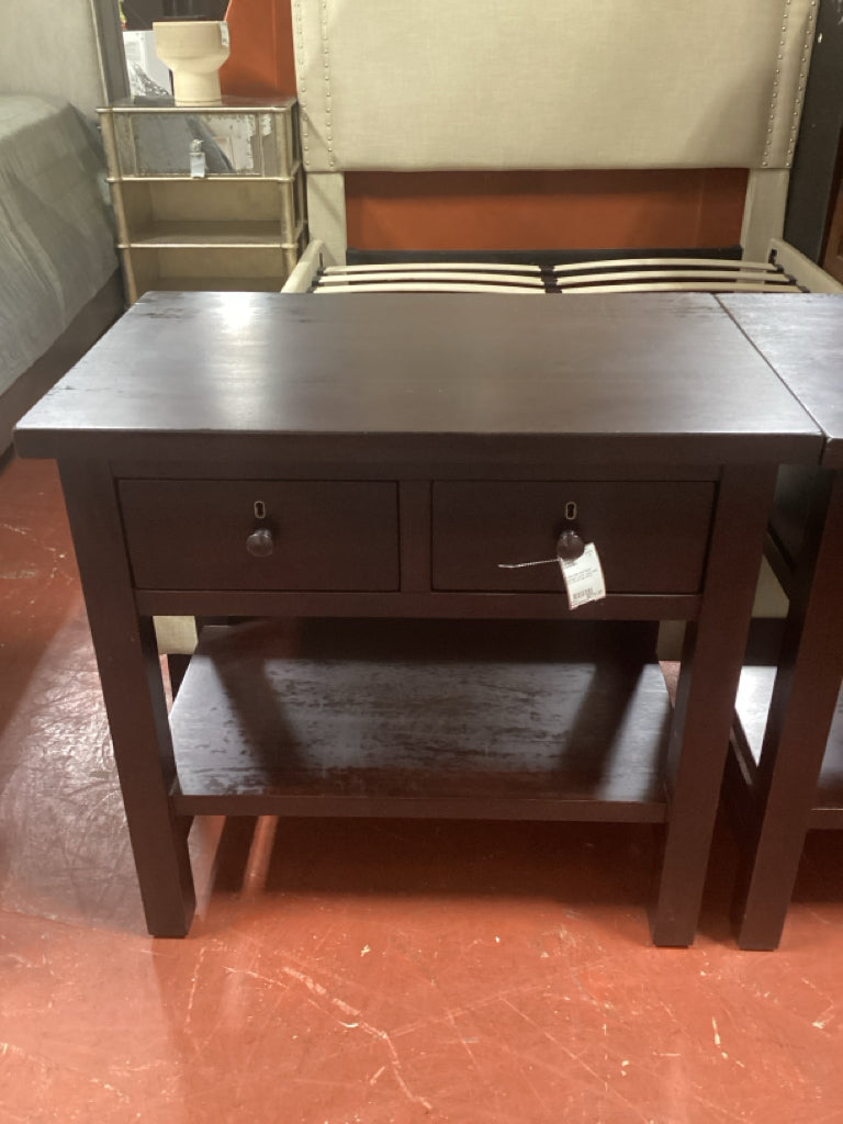 Pottery Barn End Table/ espresso / 2 drwr, lower shelf 28 x 18 x 27 high AS IS