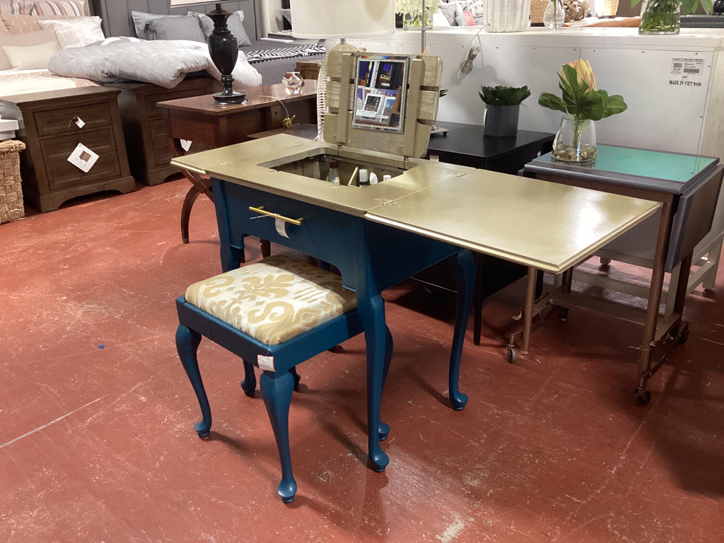 Vintage sewing cabinet revamped as vanity & stool / opens with stoage & mirror