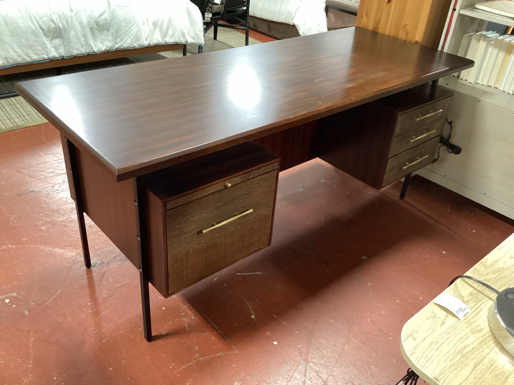 Modern Double-Sided Executive Desk - Walnut Finish with Brass-tone Pulls