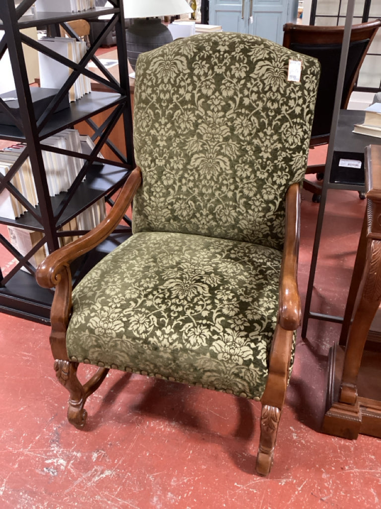 Arm Chair / olive Damask / mahogany frame 28 x 30 x 44 high
