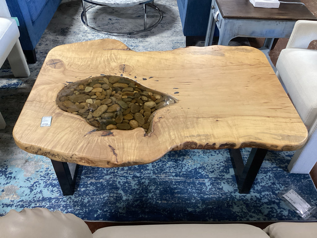 Live edge Coffee Table / resin river rock insert / metal legs  48 x 36 x 19