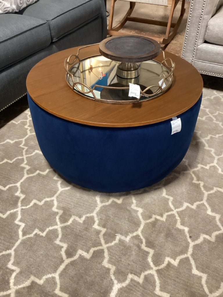 West Elm 30" Round Storage Ottoman/Coffee Table Navy Upholstery & Removeable Woo